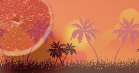 Tropical Sunset with Vibrant Grapefruit and Palm Trees
