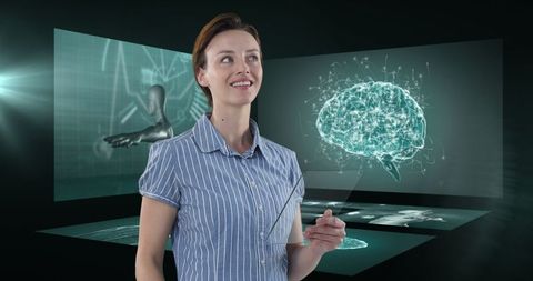 Businesswoman interacting with virtual medical data on glass tablet