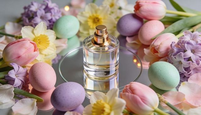 Spring perfume display on mirrored tray with pastel easter eggs and tulips