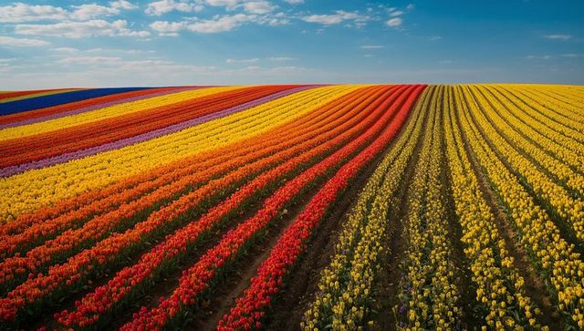 Colorful rows of tulips in bloom across scenic farmland