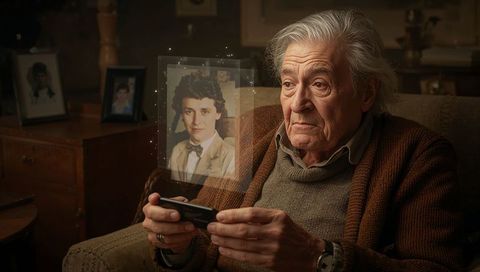 Elderly man holding device studying holographic portrait of younger self, nostalgic memory
