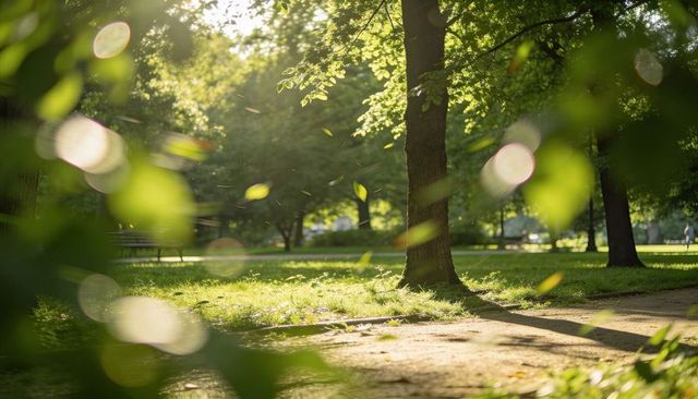Sunlit park path with tree trunk casting long shadow, floating leaves and soft bokeh