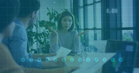 Midadult woman raising palms during data discussion in modern office team meeting