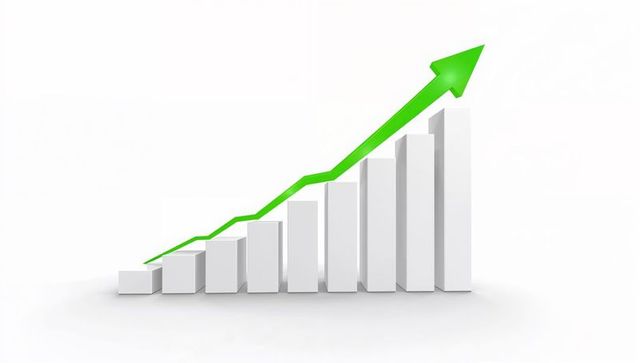 Green arrow rising over 3d white bar chart showing business growth and uptrend