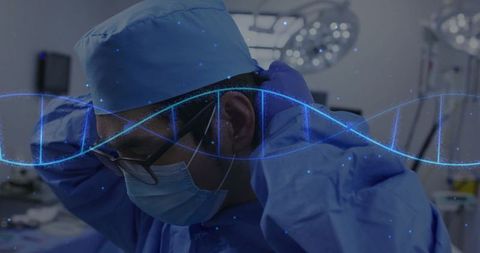 Surgeon adjusting cap with dna helix overlay in operating room