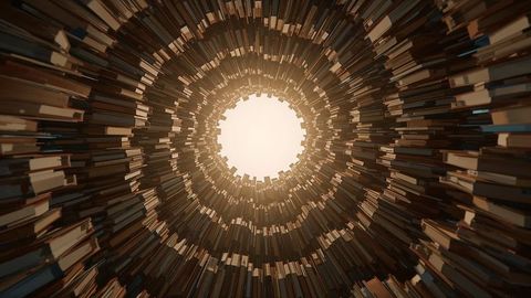Futuristic tunnel of concentric book stacks with radiant glow