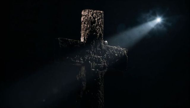 Weathered stone cross spotlighted in dark chamber with dust motes and eroded texture