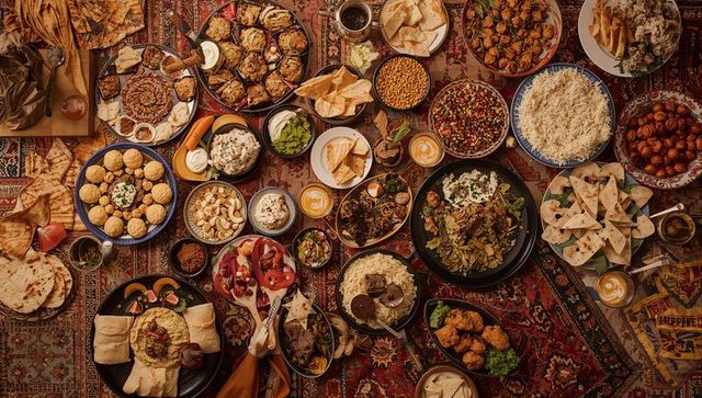 Sumptuous middle eastern feast spreading on persian rug with mezze, rice bowls
