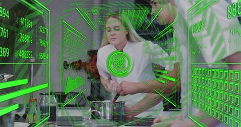 Culinary trainee stirring pot while receiving augmented reality cooking guidance in kitchen