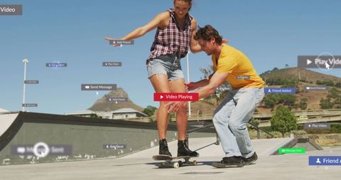 Teaching skateboard balance at urban skatepark with social media overlays and video ui
