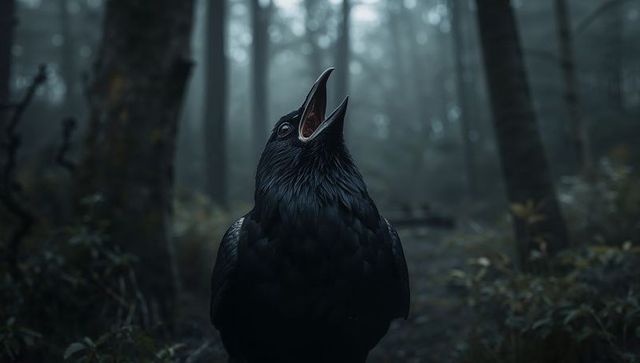 Crowing Raven in Misty Forest, Surreal Atmosphere