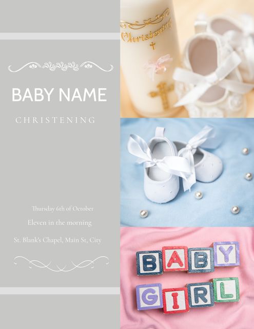 Baby Girl Christening Invitation with Shoes and Blocks - Download Free Stock Templates Pikwizard.com