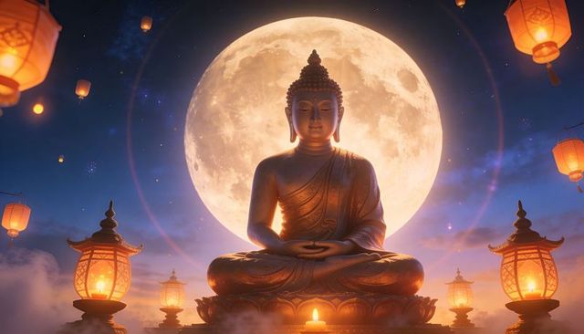 Glowing seated buddha on lotus with full moon backlight and floating lanterns night ritual
