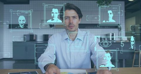 Businessman Surrounded by Holographically Projected Data Charts