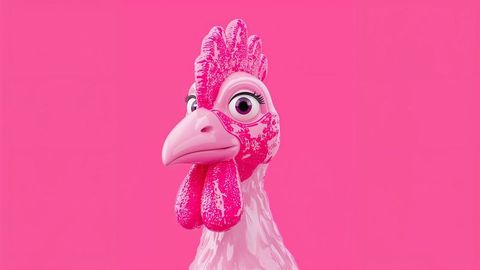 Vibrant pink 3d cartoon chicken character in digital illustration
