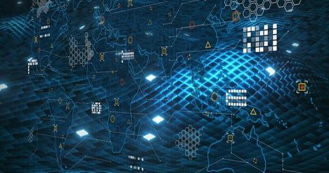 Holographic global network visualizing data over dynamic blue grid with hexagonal panels