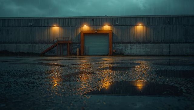 Moody rows of illuminated warehouse at dusk reflecting in rain