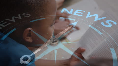 Animation of Students Reading with Digital News Compass Graphic