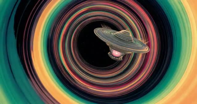Futuristic Spacecraft Navigating Vibrant Vortex Rings in Galaxy