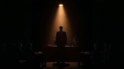 Courtroom drama: lawyer or a prosecutor under spotlight presenting case