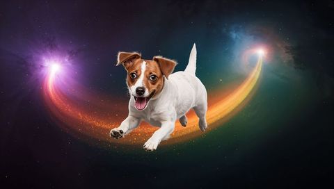 Leaping jack russell terrier soaring through cosmic nebula with golden comet trail