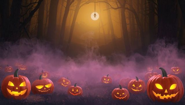 Eerie jack-o'-lanterns glooming in misty autumn forest