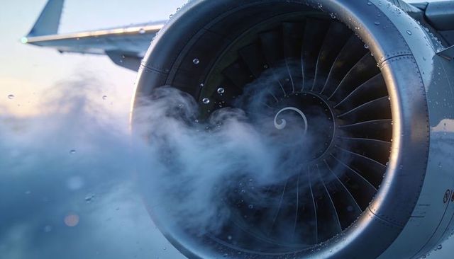 Turbofan engine intake creating swirling vapor and water droplets on winglet at altitude