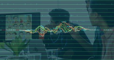 Hr team reviewing headshots with animated analytics waveform overlay in collaborative meeting
