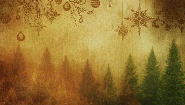 Vintage Holiday Scene with Hanging Baubles and Tree Silhouettes