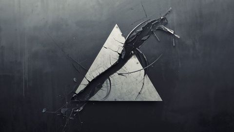 Cracked triangular slab diagonal fissure black tendril breaking through metal surface