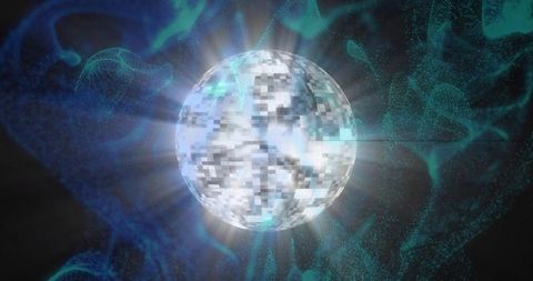 Glowing Pixel Sphere Emitting Blue-White Rays with Teal Particle Waves in Indigo Space