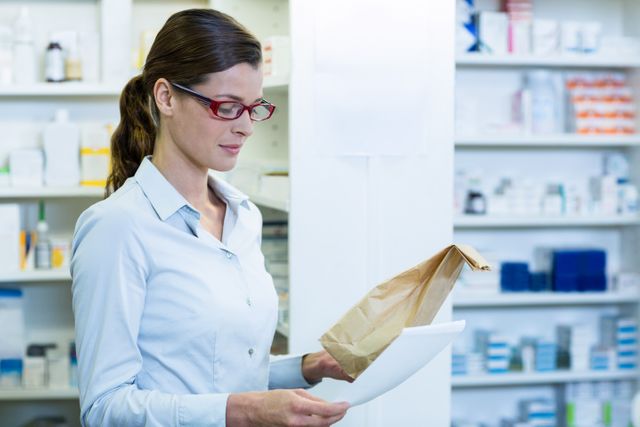 Female pharmacist wearing glasses checking prescription and medicine package in pharmacy. Ideal for use in healthcare, pharmaceutical, and medical industry content, as well as educational materials about pharmacy practices and healthcare professions.