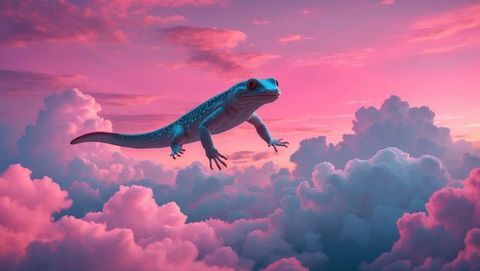 Turquoise fantasy lizard floating in vibrant sunset clouds