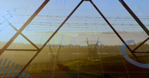 Financial Graphs Overlaid on Electrical Grids at Sunset