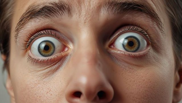 Extreme close-up of wide staring hazel eyes showing intense focus and skin texture