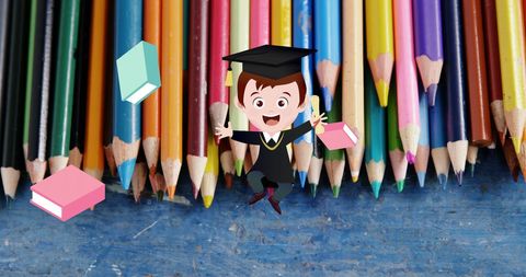 Joyful Schoolboy Surrounded by Pencils and Books - Download Free Stock Images Pikwizard.com