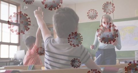 Students and teacher at school amidst covid-19 virus overlays