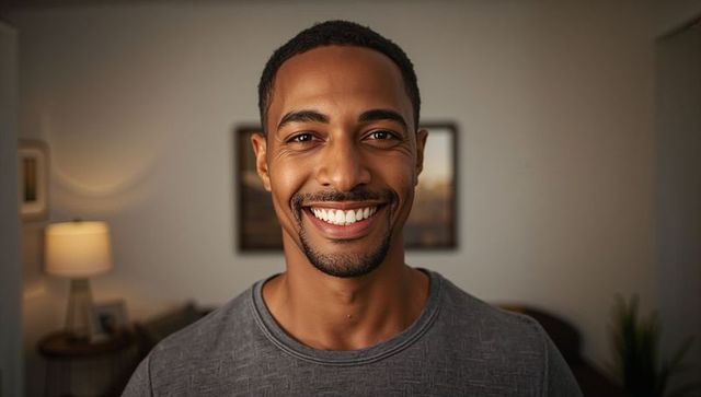 Smiling man in gray crew-neck shirt radiating warmth, direct eye contact in cozy living room