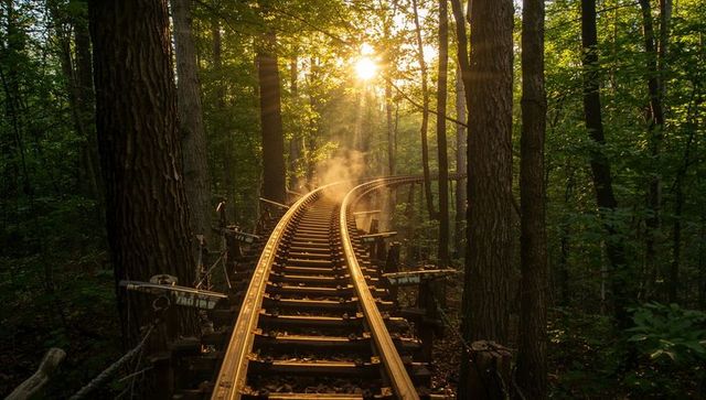 Mystical Forest Railway with Sunlit Mist and Winding Tracks