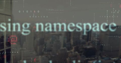 Namespace code overlay covering urban skyline with floating binary digits and glyphs