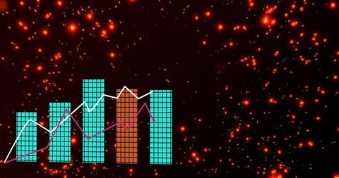 Glowing digital bar chart rising with overlay trend lines against floating ember particles