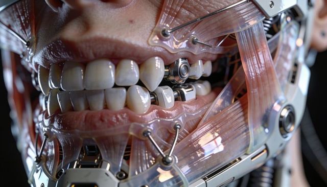 Cyborg jaw revealing transparent polymer muscles with precision metal dental implants