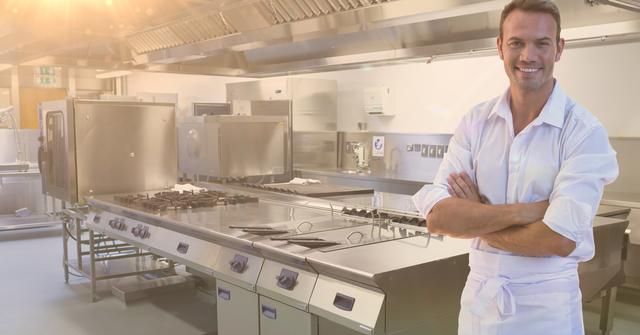 Digital composition of chef standing with his arms crossed in kitchen