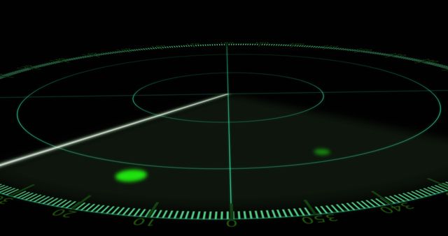 Radar display showing moving spots on a black background depicts a digital interface typical in technology, military, or navigation systems. It captures concepts like tracking, detection, and monitoring suitable for depicting themes in modern technology, surveillance, or storytelling involving technology. Ideal for technology descriptions, innovation features, military or aviation content, and presentations on digital frameworks.