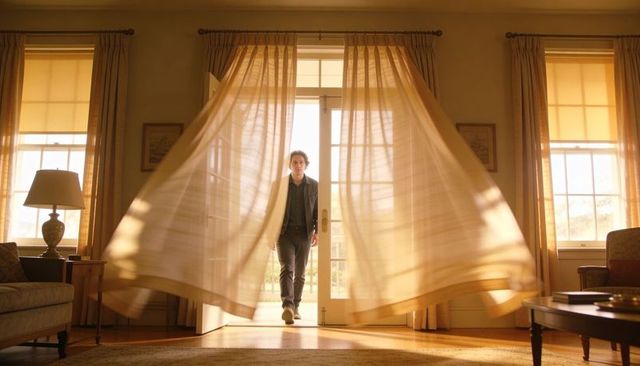 Man entering sunlit living room through billowing sheer curtains at golden hour