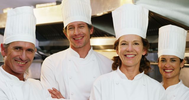 Chefs wearing white coats and hats standing together in a professional kitchen, smiling. This image is perfect for culinary blogs, restaurant websites, or advertisements related to kitchen staff, teamwork in cooking, or the food industry.