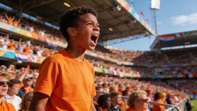 Adolescent fan shouting in orange t-shirt at packed stadium celebrating sport victory