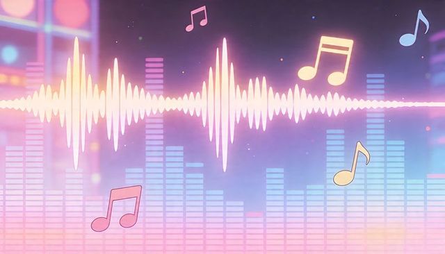 Neon synthwave waveform pulsing over pastel equalizer bars with floating musical notes