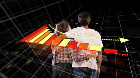 Couple Analyzing Data With Futuristic Interface Background