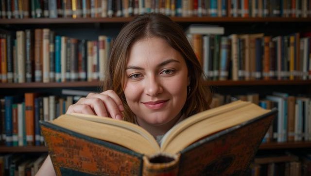 Young Woman Reading Vintage Tome While Holding Antique Hardcover in Library